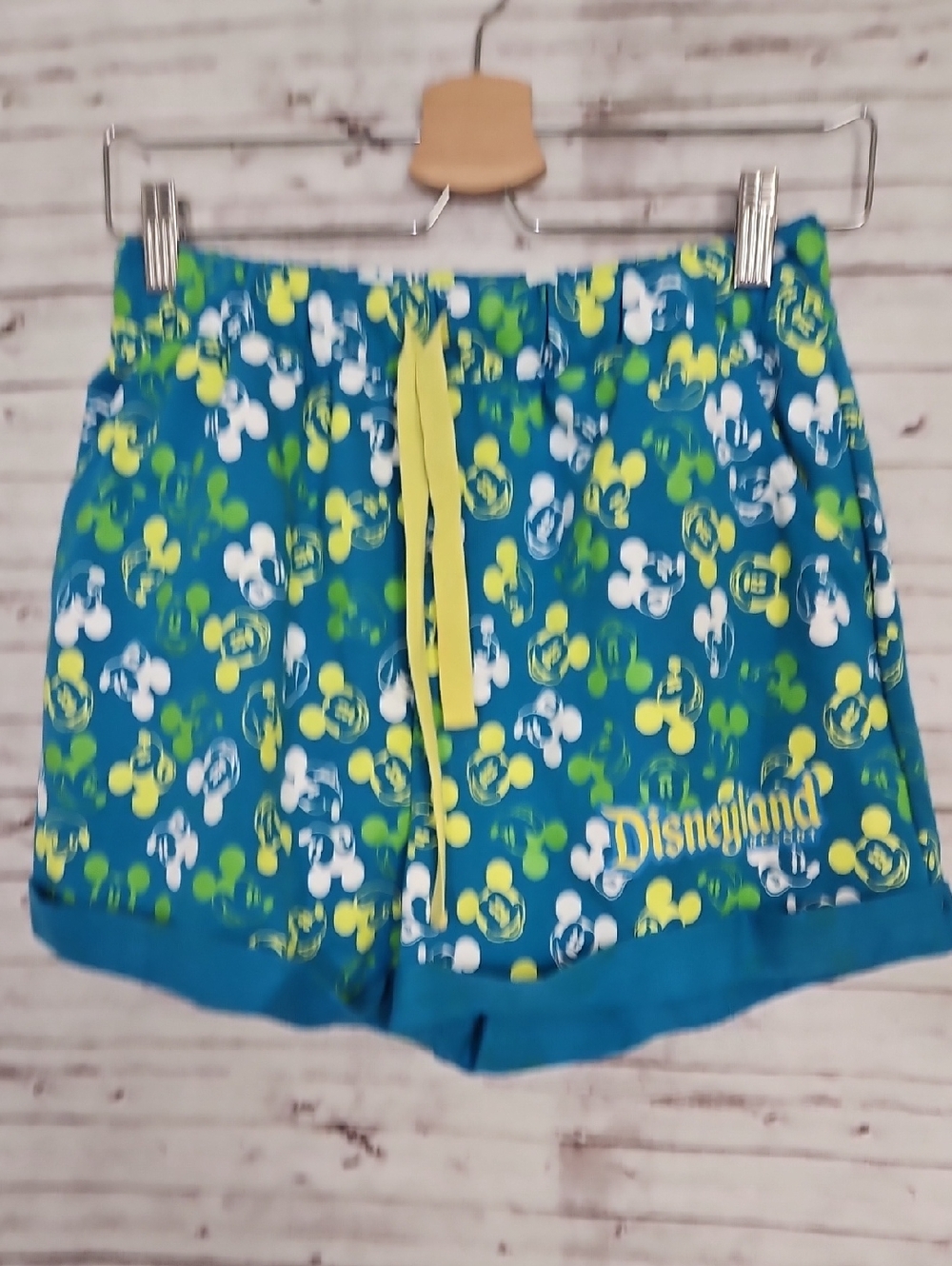 Disney Teal Mickey Pattern Athletic Shorts with Yellow Drawstring